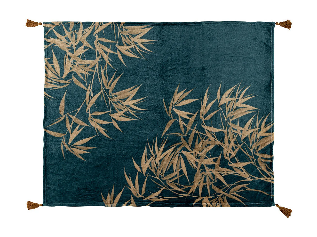 Plaid Flanelle Bleu motif Camel avec Pompons 125 x 150 cm