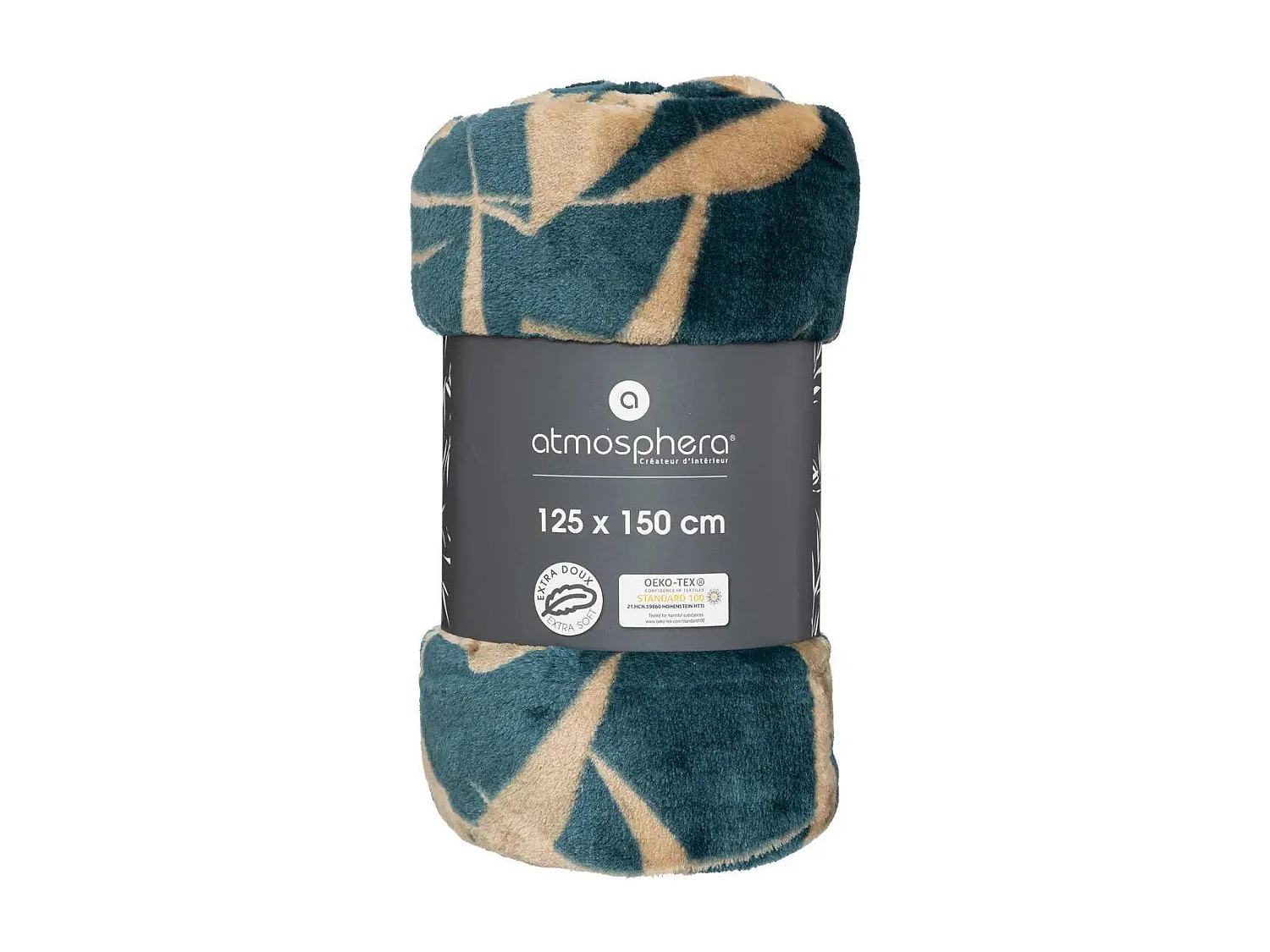 Plaid Flanelle Bleu motif Camel avec Pompons 125 x 150 cm