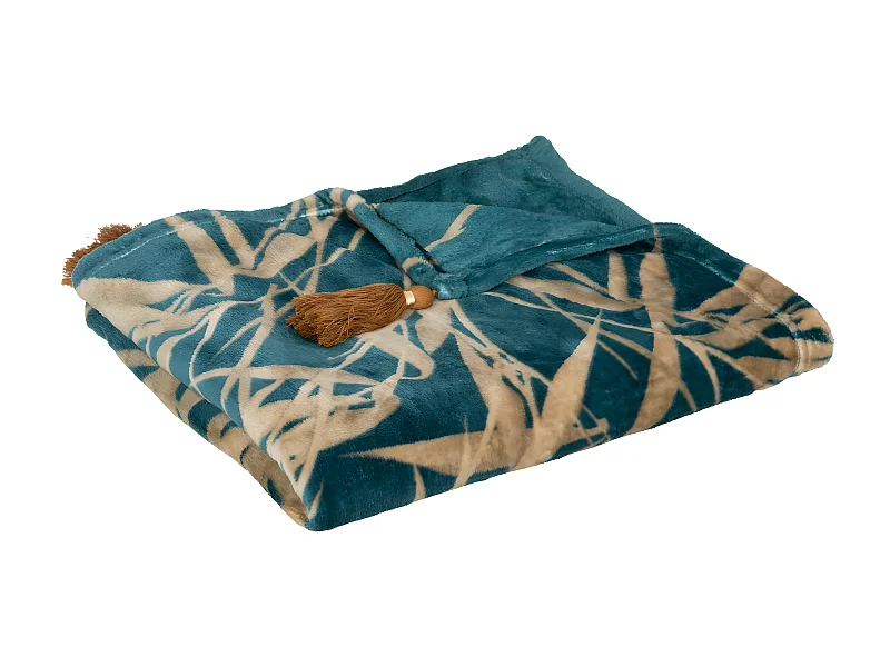 Plaid Flanelle Bleu motif Camel avec Pompons 125 x 150 cm