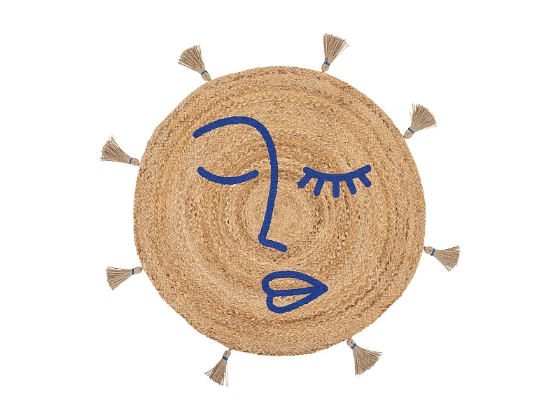 Tapis décoratif en Jute imprimée Bleu avec pompons D 78 cm