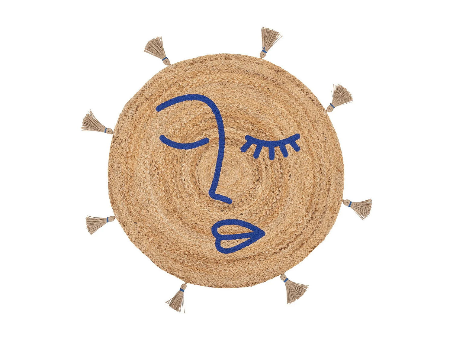 Tapis décoratif en Jute imprimée Bleu avec pompons D 78 cm