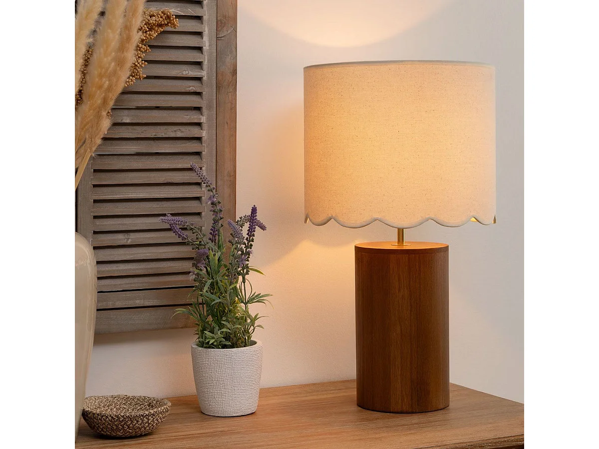 Lampe à poser en Bois et abat-jour Blanc dentelé  H 50 cm