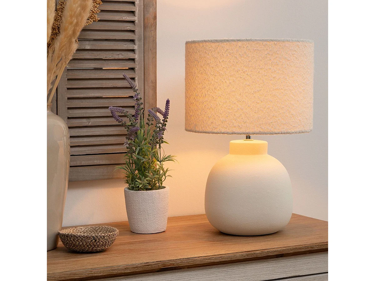 Lampe à poser en Céramique et Abat jour Blanc à bouclettes