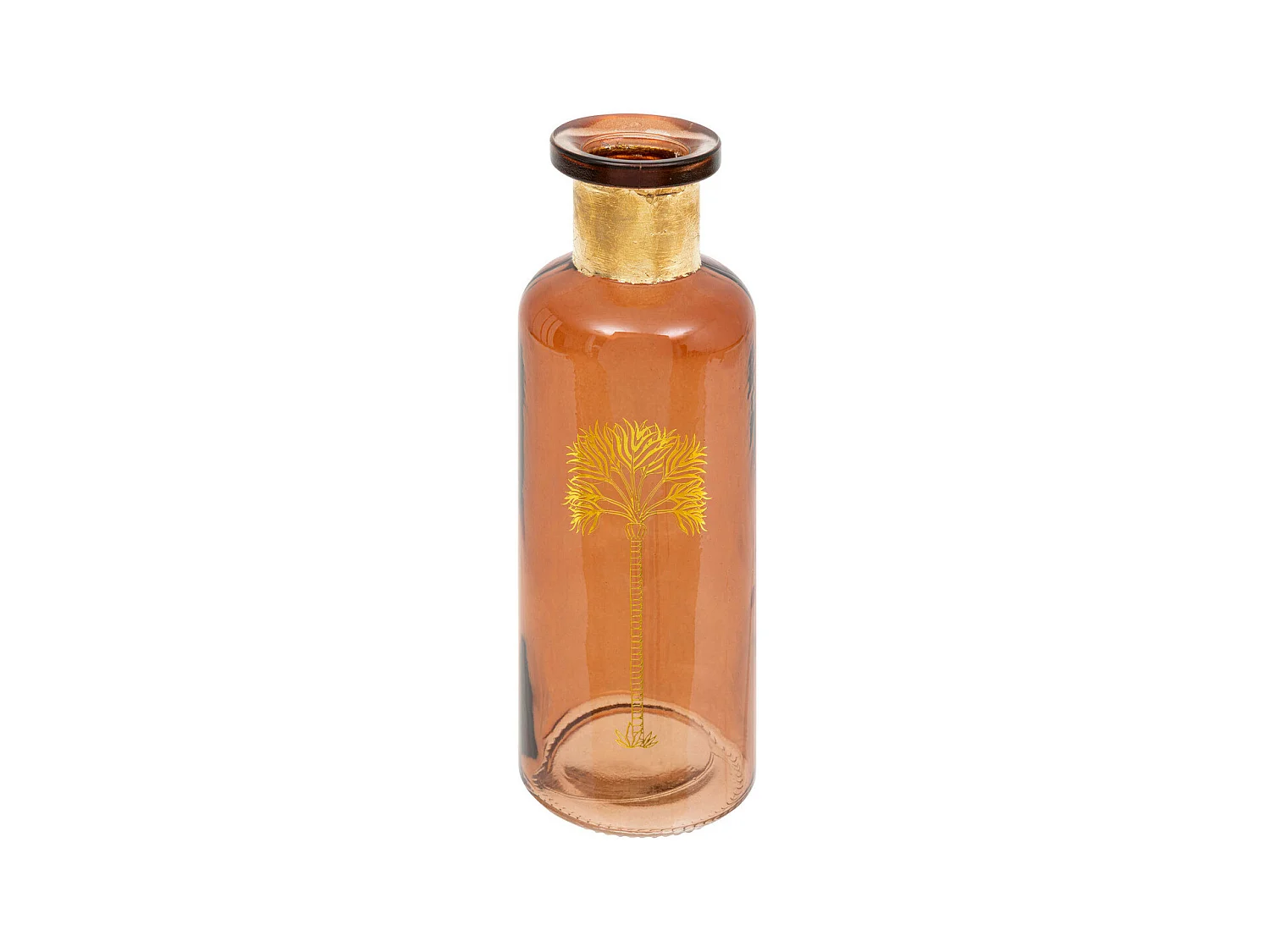Vase bouteille en verre Ambre motif Palmier doré H 21.5 cm