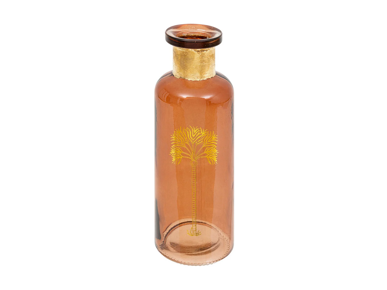 Vase bouteille en verre Ambre motif Palmier doré H 21.5 cm