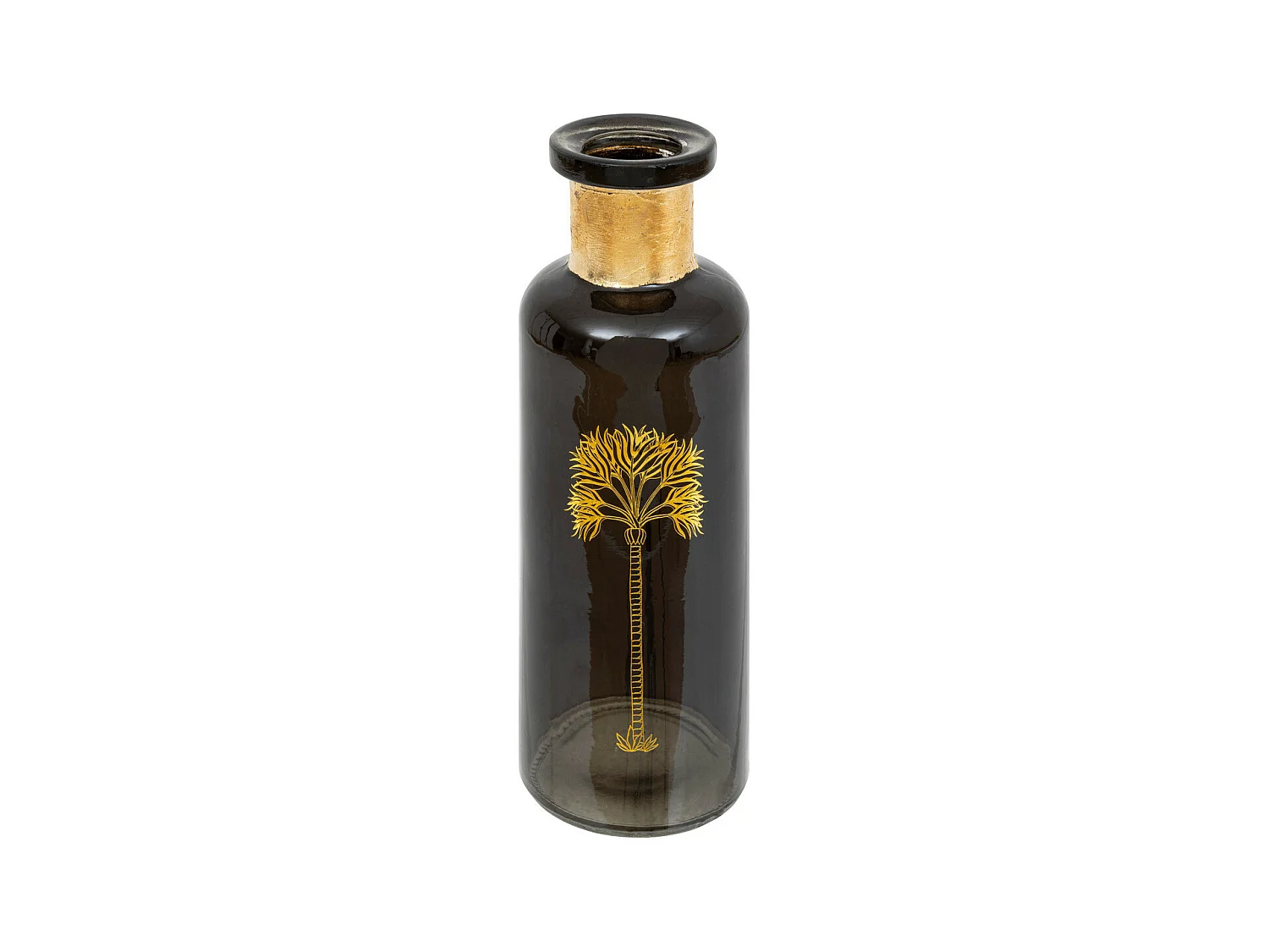 Vase bouteille en verre Vert Foncé motif Palmier doré H 21.5 cm