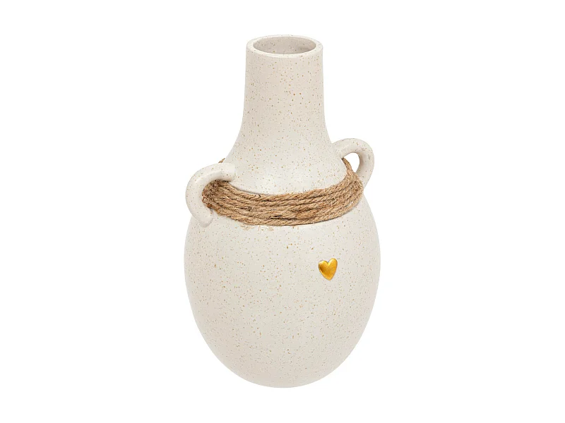 Vase Blanc en céramique sablé avec Coeur doré et corde en Jute H 22 cm