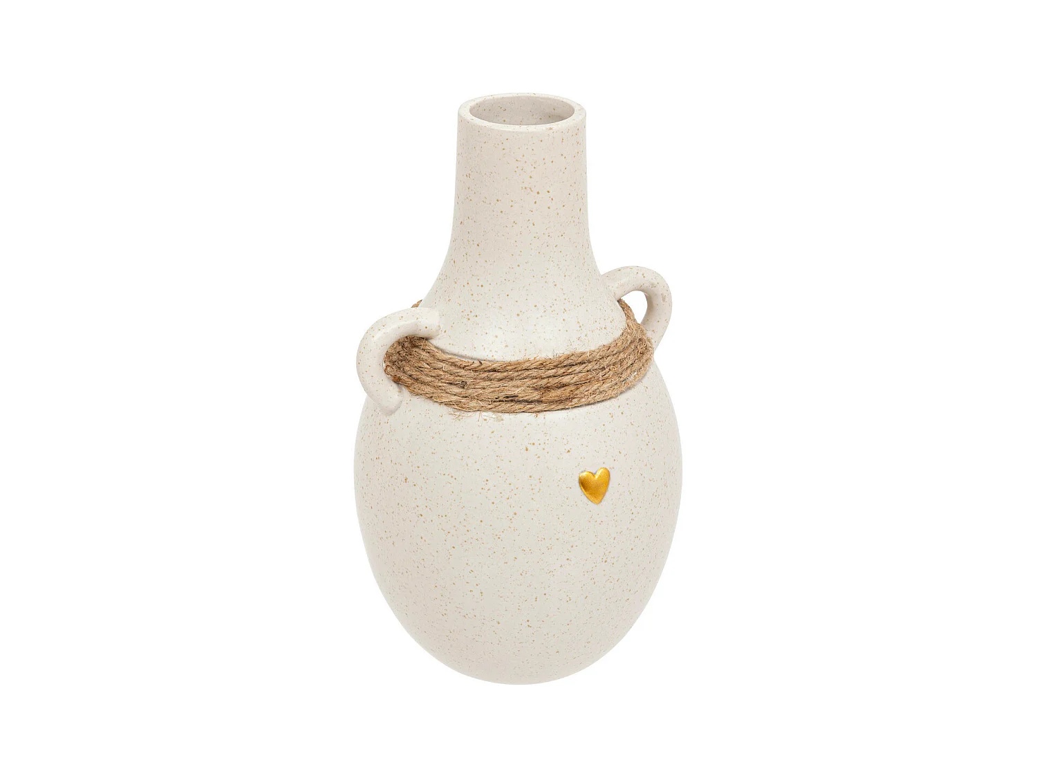 Vase Blanc en céramique sablé avec Coeur doré et corde en Jute H 22 cm