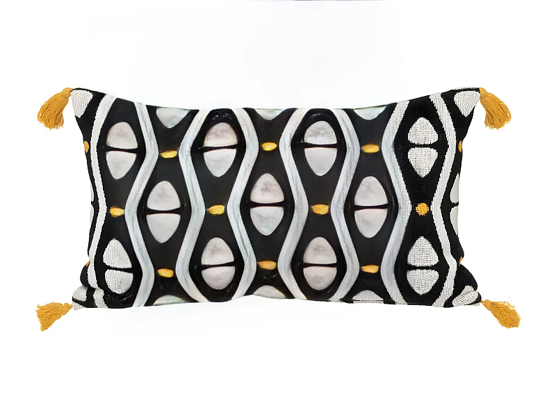 Coussin décoratif Noir & Ocre motifs colorés avec pompons 30 x 50 cm