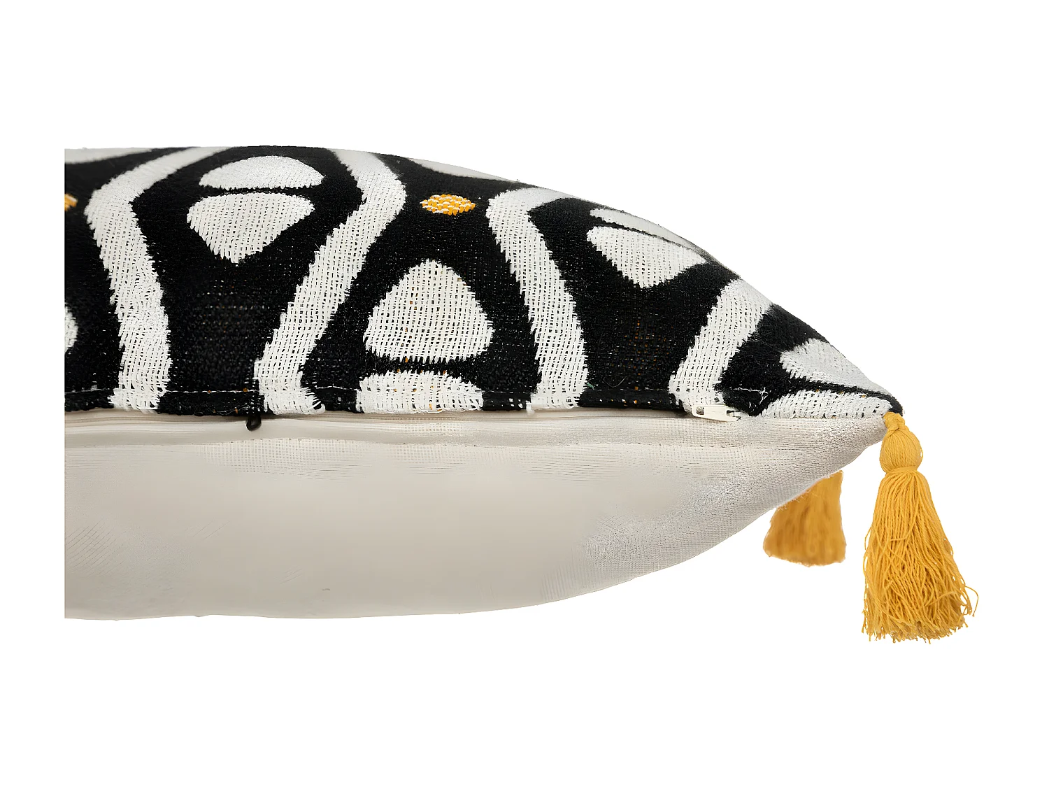 Coussin décoratif Noir & Ocre motifs colorés avec pompons 30 x 50 cm