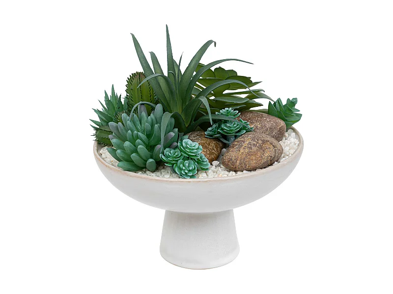 Compo Plantes grasses arificielles dans un pot en céramique émaillée D 19 x H 20 cm