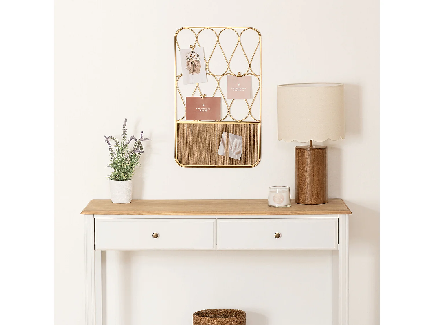 Présentoir mural Porte Photos à suspendre en métal Doré et corde en Jute