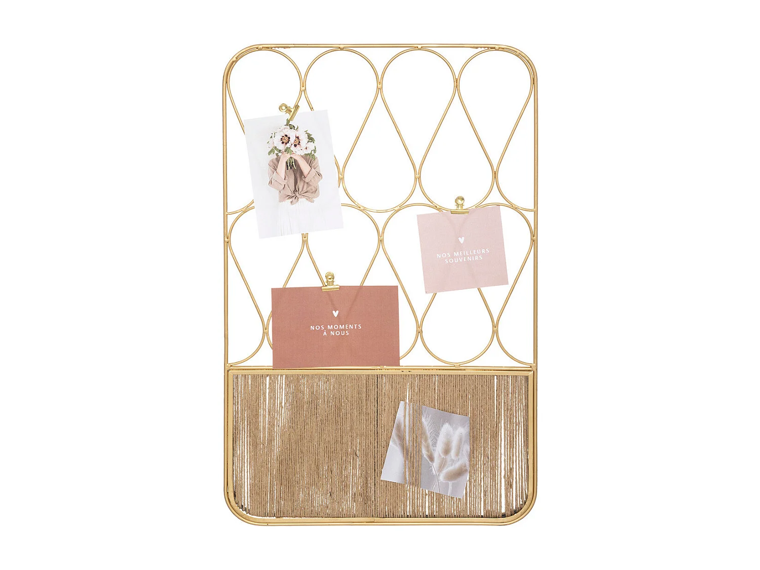 Présentoir mural Porte Photos à suspendre en métal Doré et corde en Jute