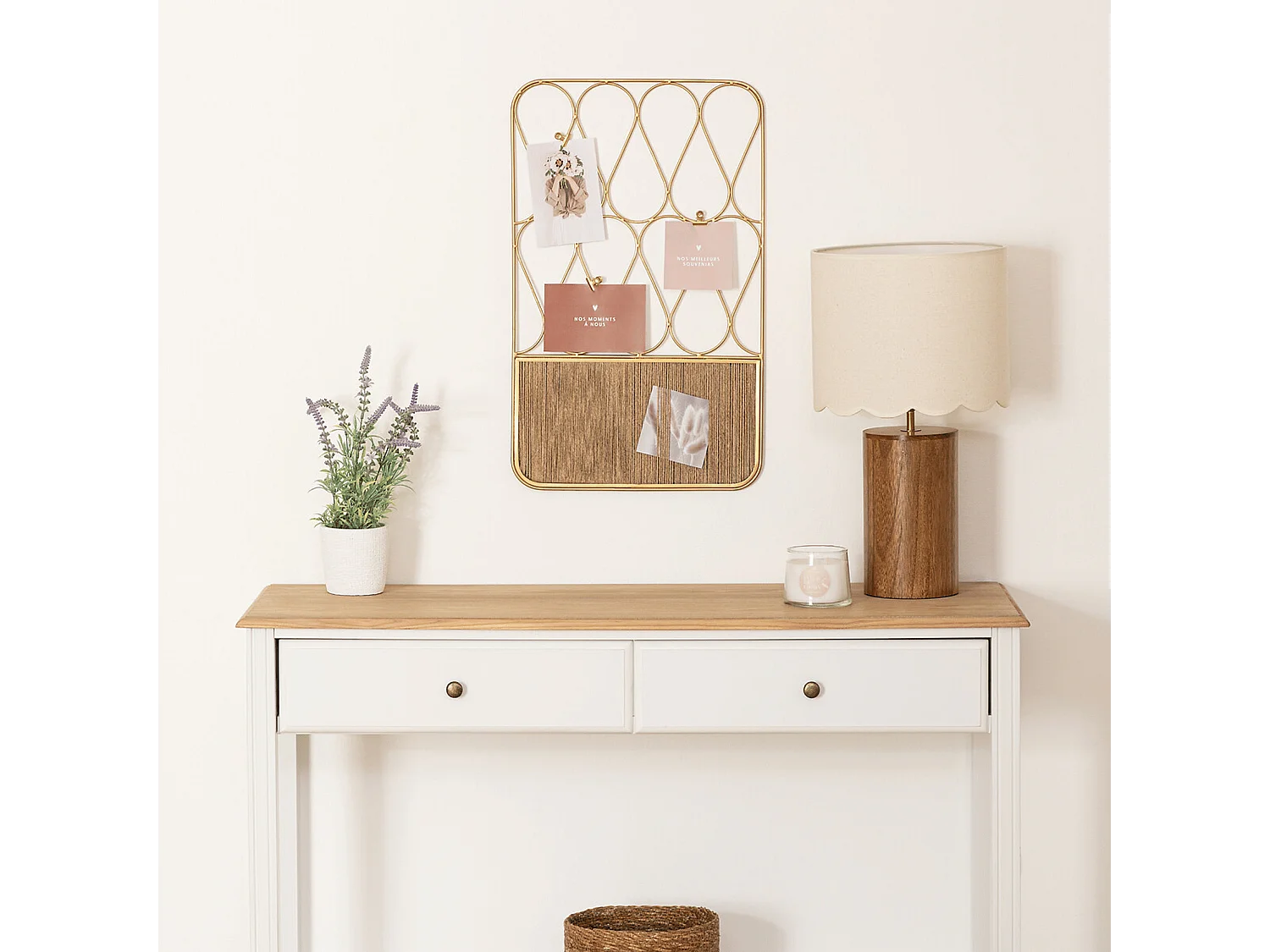 Présentoir mural Porte Photos à suspendre en métal Doré et corde en Jute