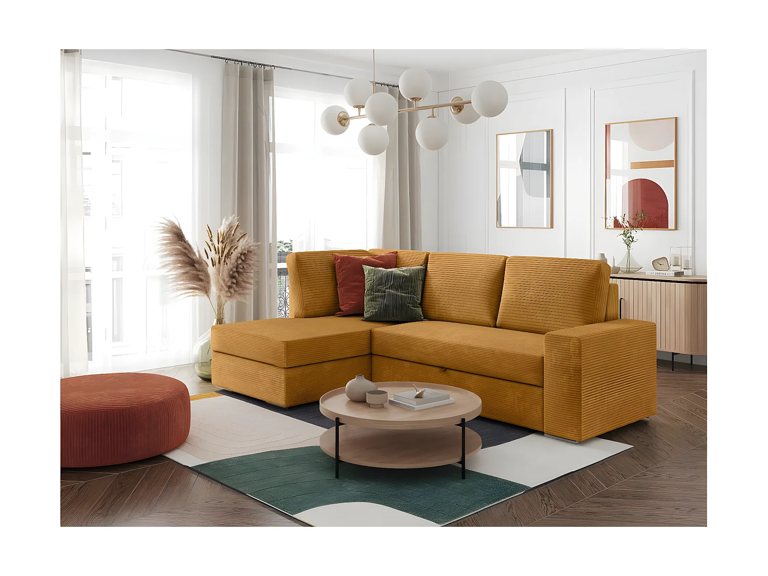 Canapé d'angle gauche 3 places convertible Aden avec coffre en velours côtelé - Jaune - L246 x P174 x H96cm - Loungitude