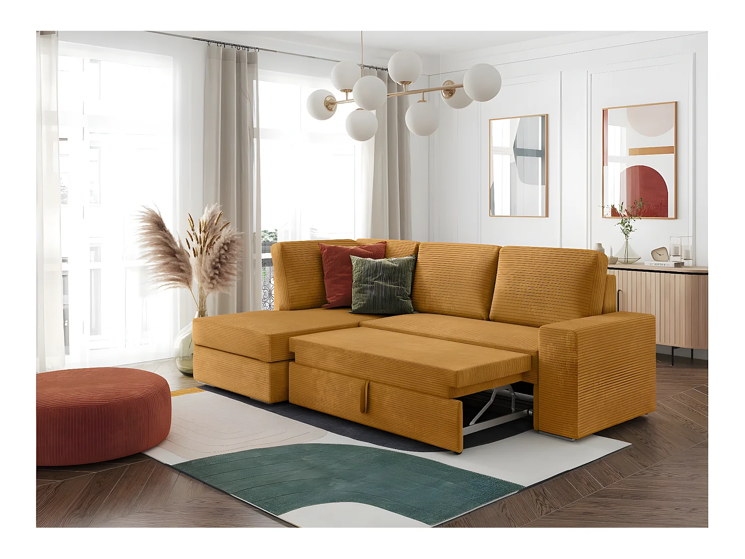 Canapé d'angle gauche 3 places convertible Aden avec coffre en velours côtelé - Jaune - L246 x P174 x H96cm - Loungitude