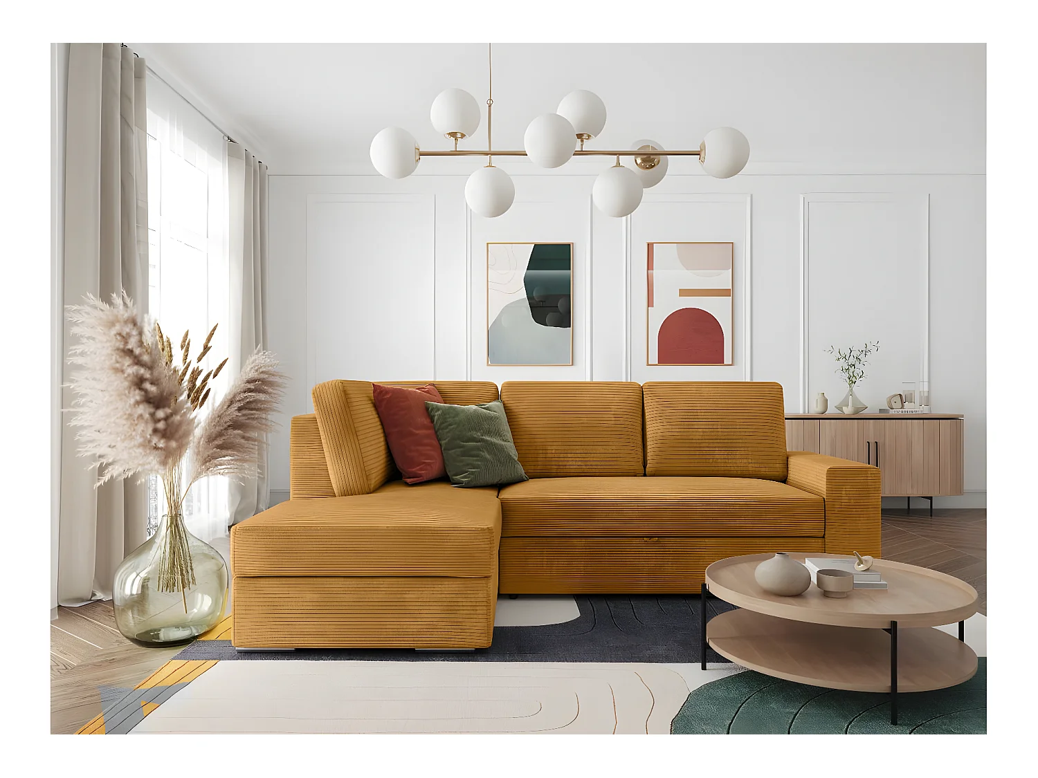 Canapé d'angle gauche 3 places convertible Aden avec coffre en velours côtelé - Jaune - L246 x P174 x H96cm - Loungitude