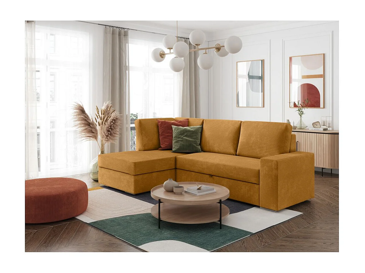 Canapé d'angle gauche 3 places convertible Aden avec coffre en velours côtelé - Jaune - L246 x P174 x H96cm - Loungitude