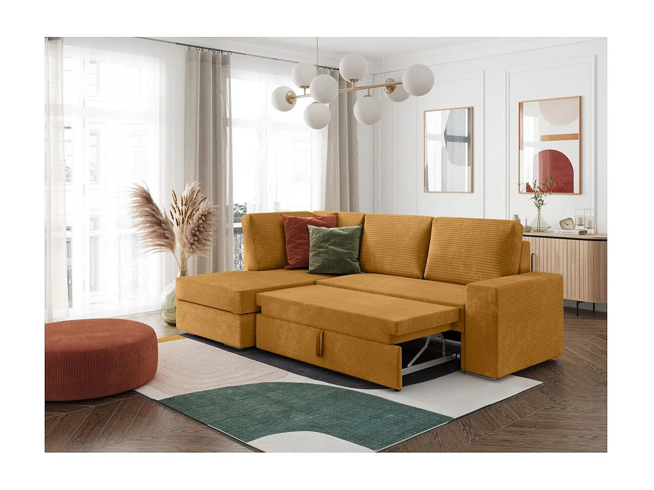 Canapé d'angle gauche 3 places convertible Aden avec coffre en velours côtelé - Jaune - L246 x P174 x H96cm - Loungitude