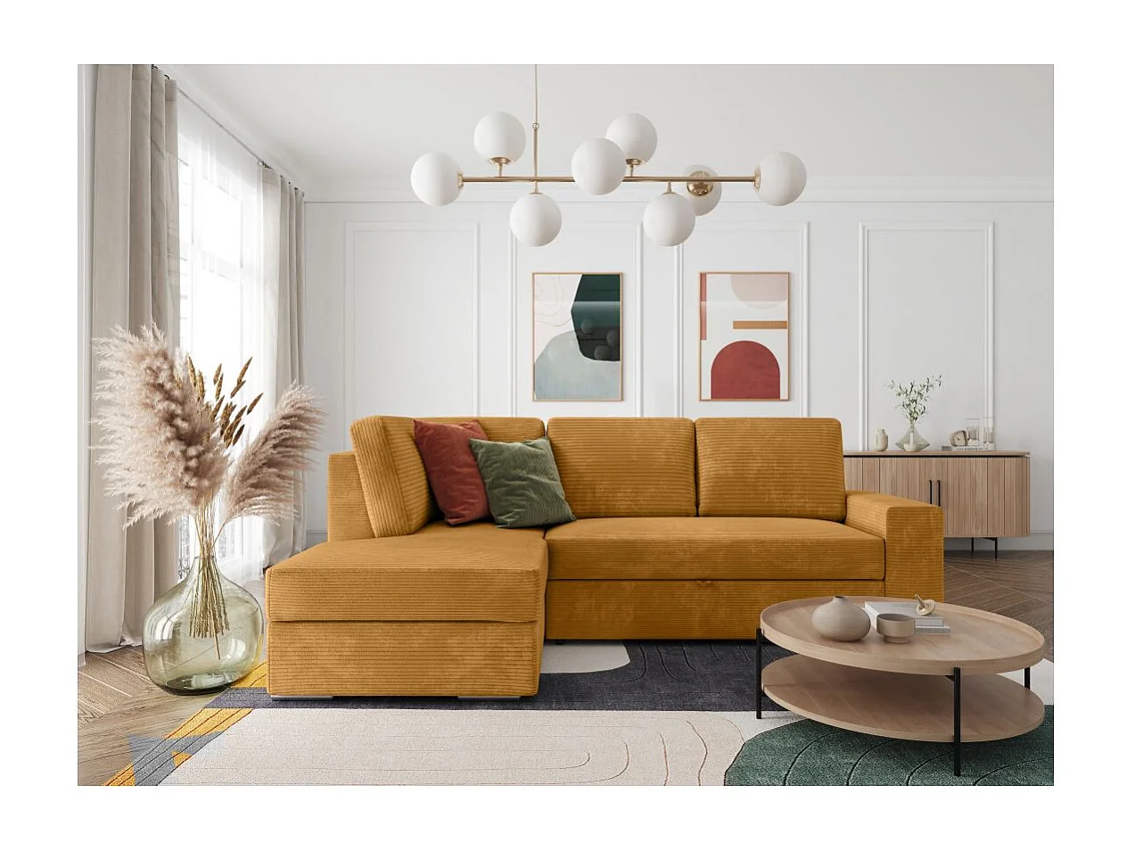 Canapé d'angle gauche 3 places convertible Aden avec coffre en velours côtelé - Jaune - L246 x P174 x H96cm - Loungitude