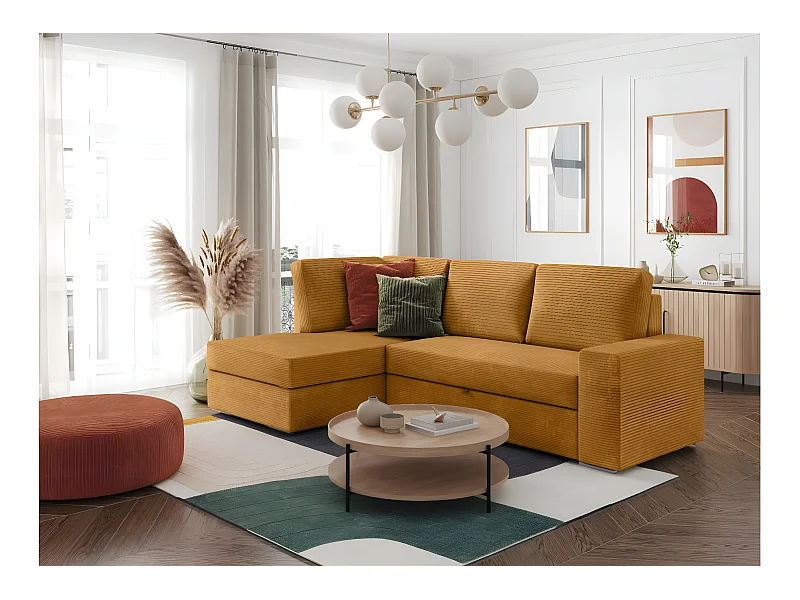 Canapé d'angle gauche 3 places convertible Aden avec coffre en velours côtelé - Jaune - L246 x P174 x H96cm - Loungitude