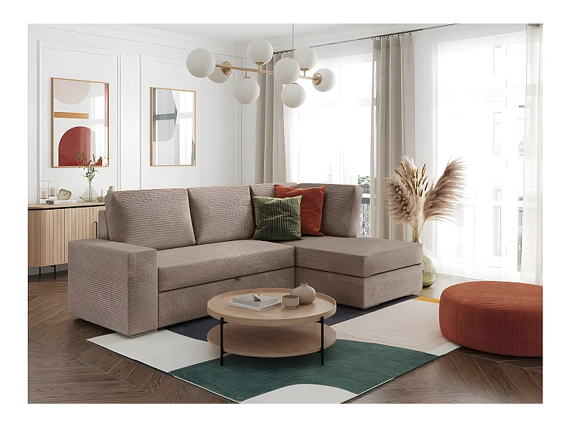 Canapé d'angle droit 3 places convertible Aden avec coffre en velours côtelé - Taupe - L246 x P174 x H96cm - Loungitude