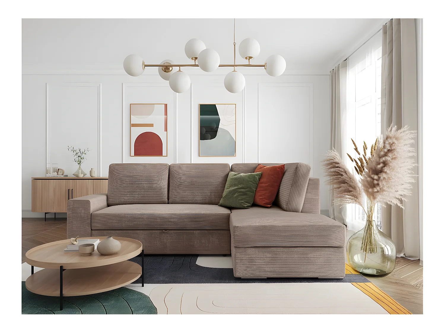 Canapé d'angle droit 3 places convertible Aden avec coffre en velours côtelé - Taupe - L246 x P174 x H96cm - Loungitude