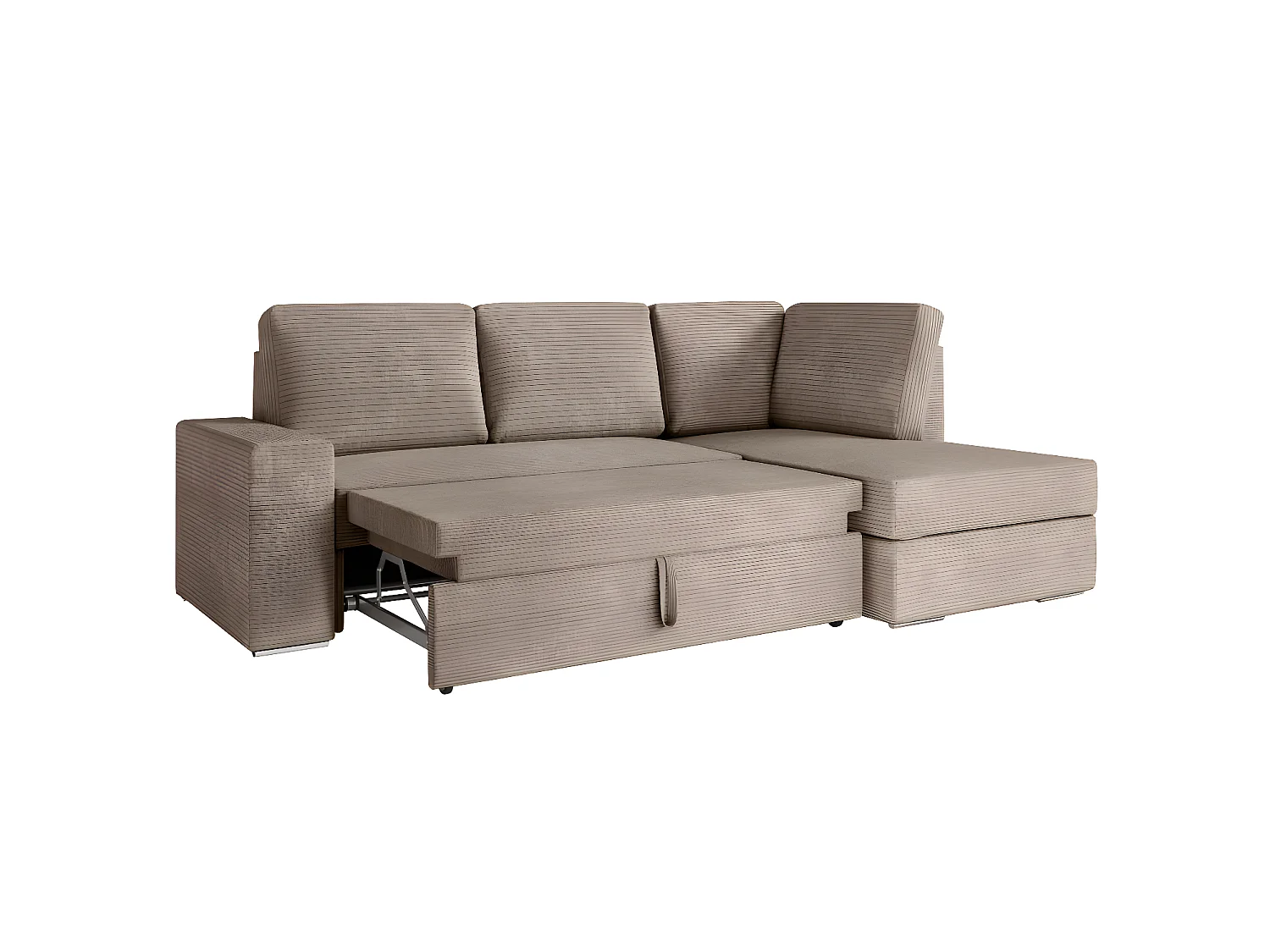 Canapé d'angle droit 3 places convertible Aden avec coffre en velours côtelé - Taupe - L246 x P174 x H96cm - Loungitude