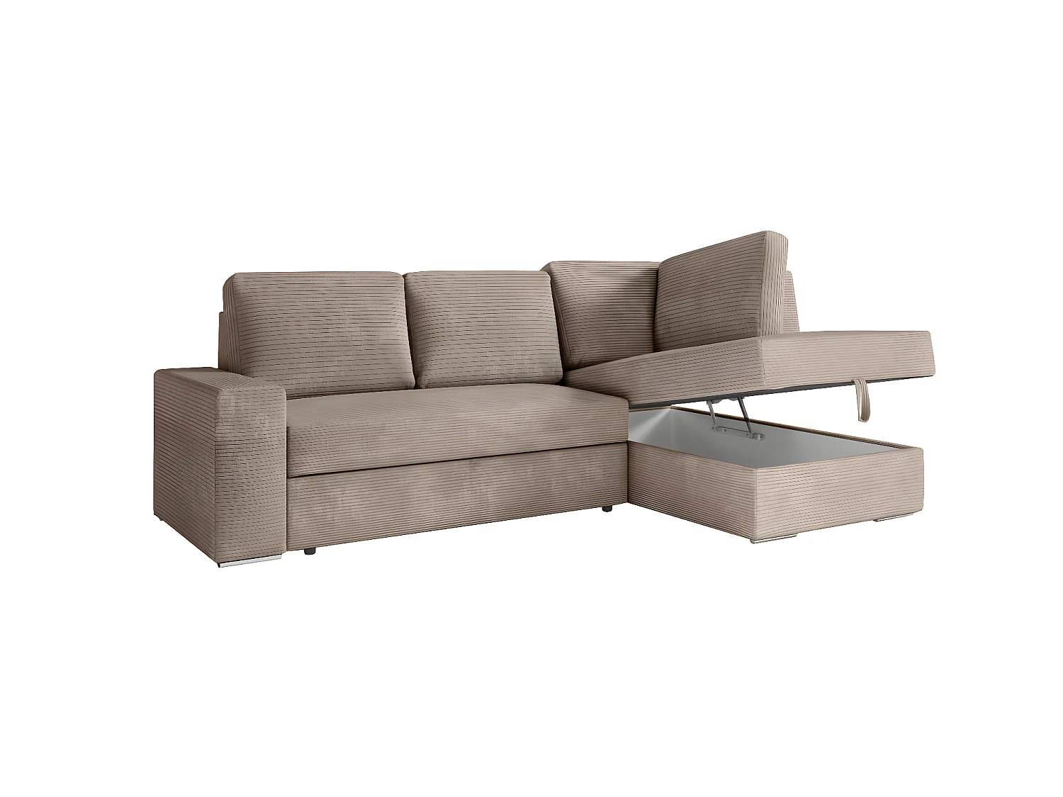 Canapé d'angle droit 3 places convertible Aden avec coffre en velours côtelé - Taupe - L246 x P174 x H96cm - Loungitude