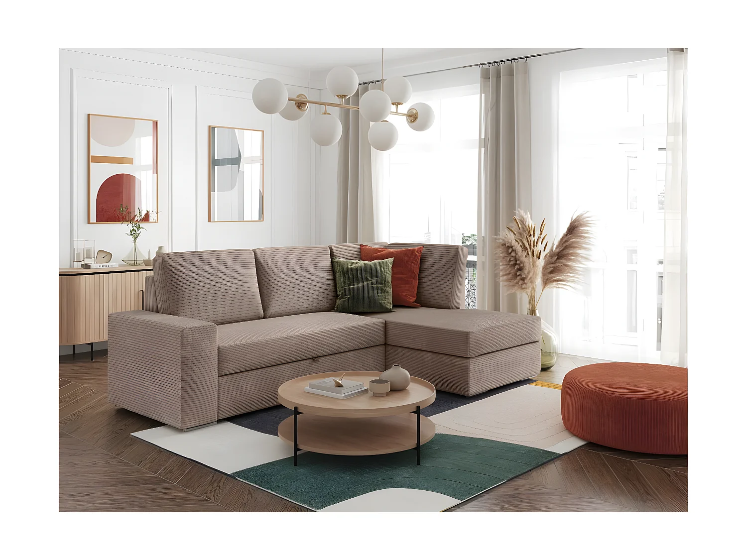 Canapé d'angle droit 3 places convertible Aden avec coffre en velours côtelé - Taupe - L246 x P174 x H96cm - Loungitude