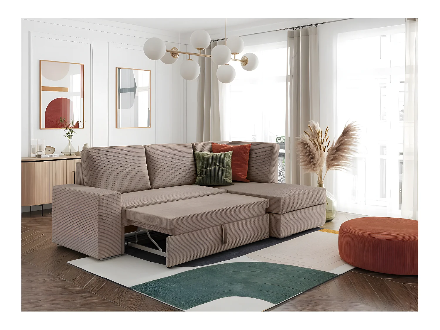 Canapé d'angle droit 3 places convertible Aden avec coffre en velours côtelé - Taupe - L246 x P174 x H96cm - Loungitude