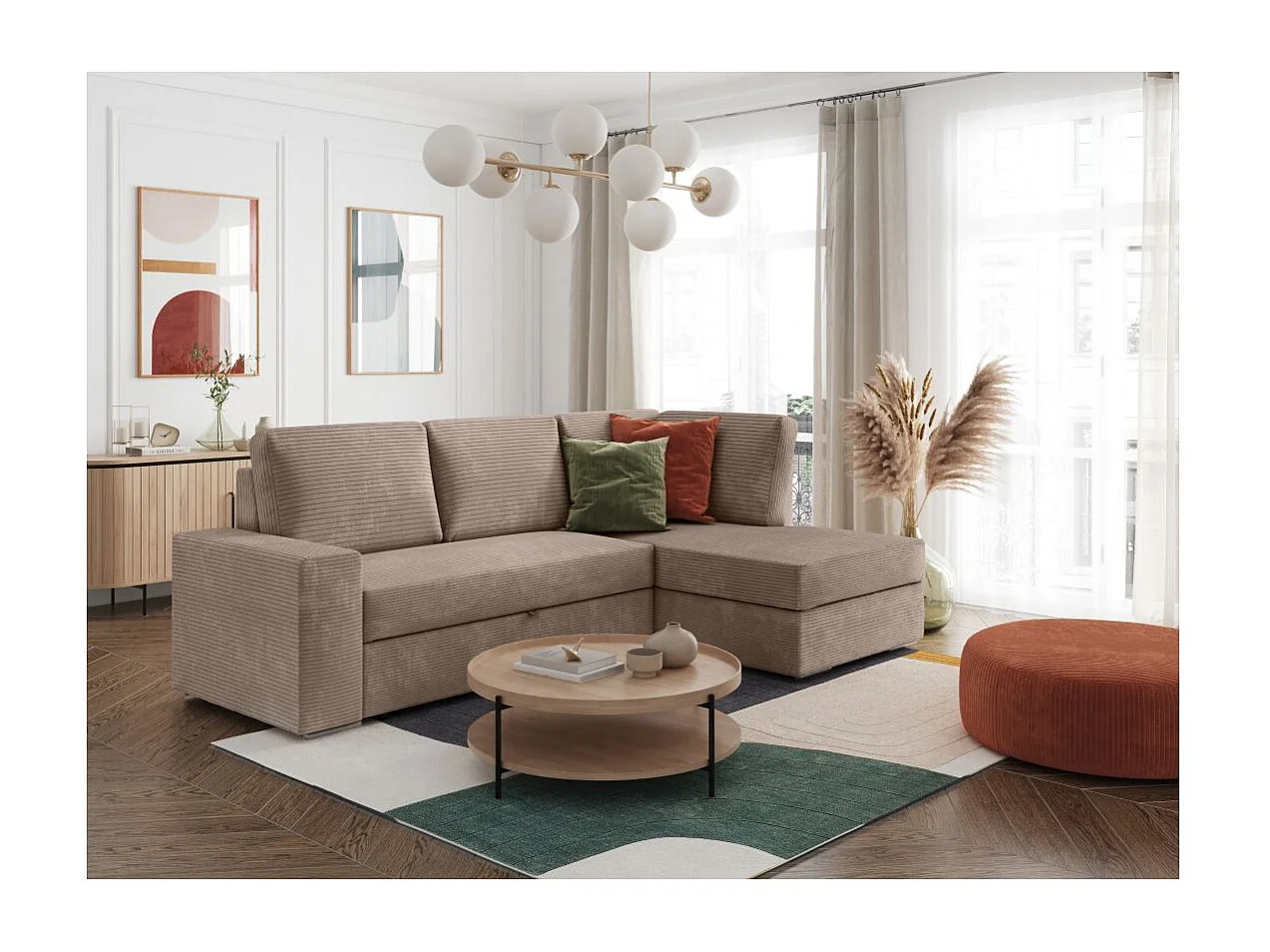 Canapé d'angle droit 3 places convertible Aden avec coffre en velours côtelé - Taupe - L246 x P174 x H96cm - Loungitude