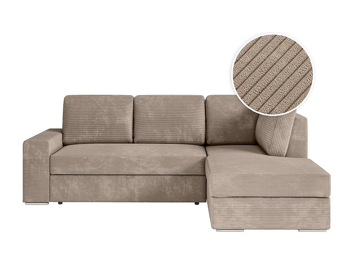 Canapé d'angle droit 3 places convertible Aden avec coffre en velours côtelé - Taupe - L246 x P174 x H96cm - Loungitude