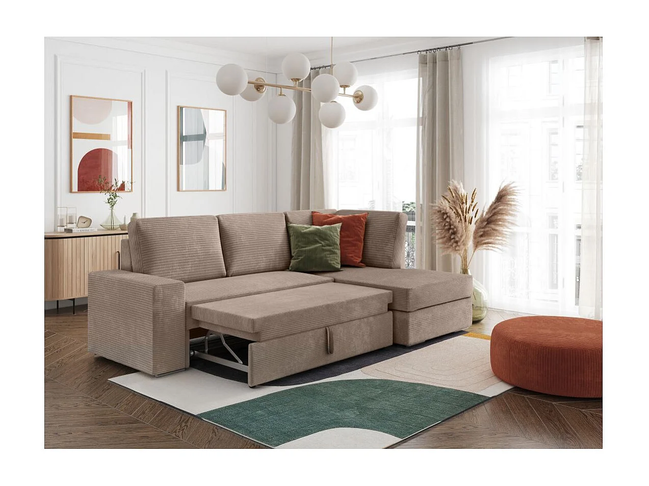 Canapé d'angle droit 3 places convertible Aden avec coffre en velours côtelé - Taupe - L246 x P174 x H96cm - Loungitude