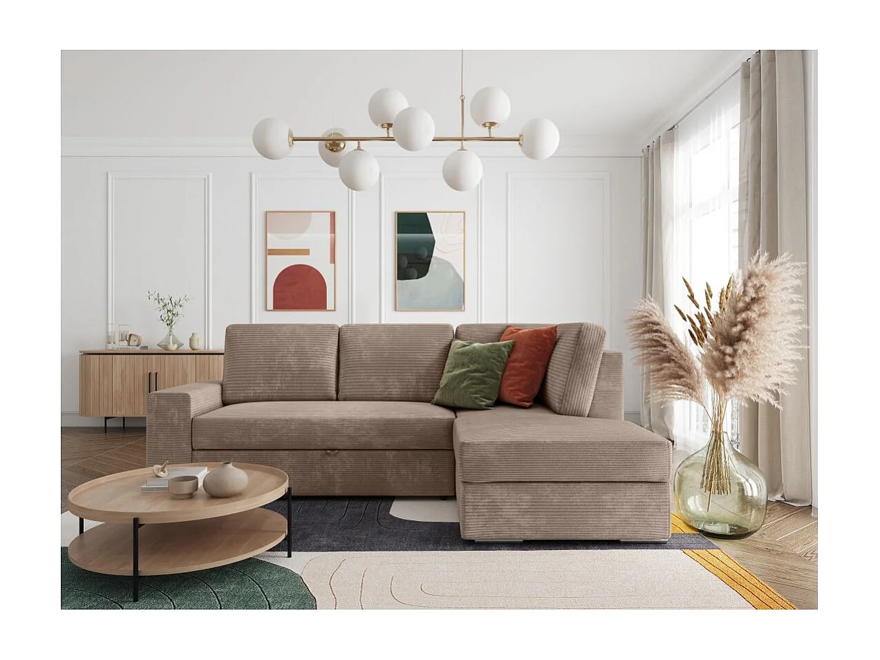 Canapé d'angle droit 3 places convertible Aden avec coffre en velours côtelé - Taupe - L246 x P174 x H96cm - Loungitude