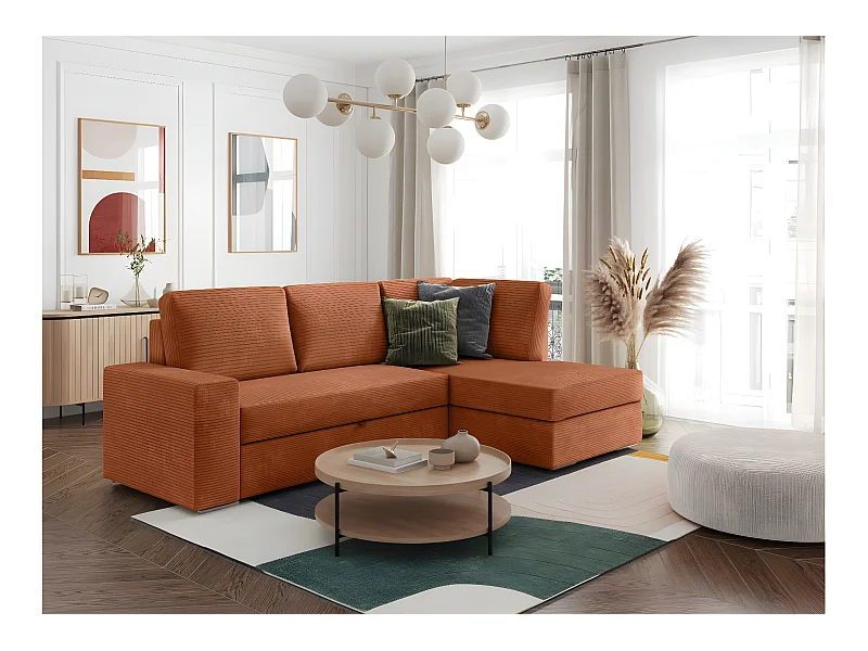 Canapé d'angle droit 3 places convertible Aden avec coffre en velours côtelé - Terracotta - L246 x P174 x H96cm - Loungitude