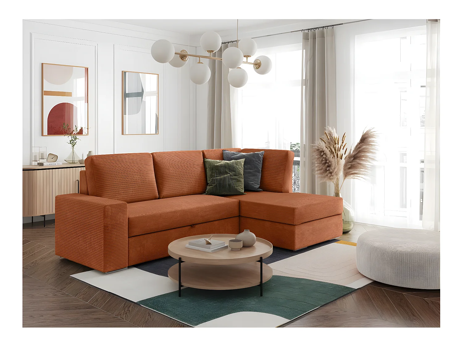 Canapé d'angle droit 3 places convertible Aden avec coffre en velours côtelé - Terracotta - L246 x P174 x H96cm - Loungitude