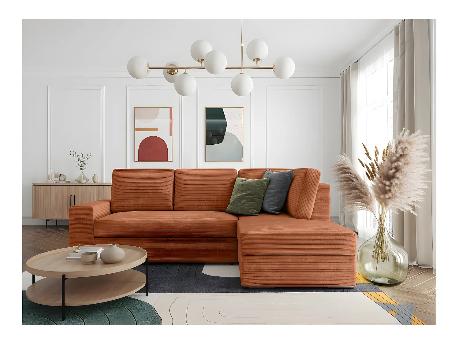 Canapé d'angle droit 3 places convertible Aden avec coffre en velours côtelé - Terracotta - L246 x P174 x H96cm - Loungitude