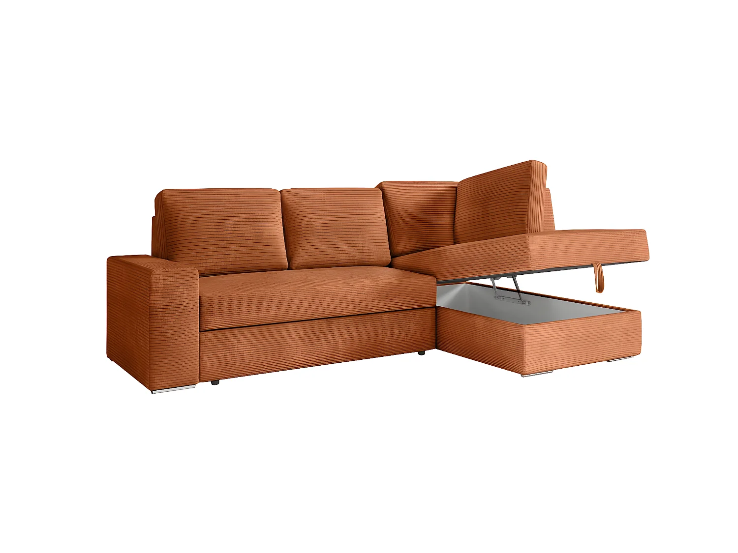 Canapé d'angle droit 3 places convertible Aden avec coffre en velours côtelé - Terracotta - L246 x P174 x H96cm - Loungitude