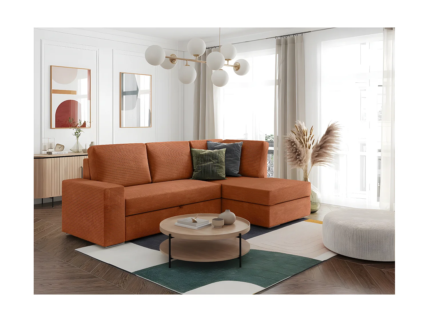 Canapé d'angle droit 3 places convertible Aden avec coffre en velours côtelé - Terracotta - L246 x P174 x H96cm - Loungitude