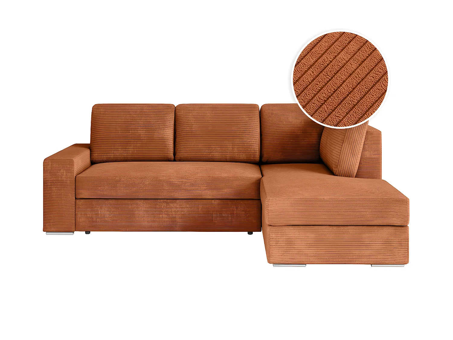 Canapé d'angle droit 3 places convertible Aden avec coffre en velours côtelé - Terracotta - L246 x P174 x H96cm - Loungitude