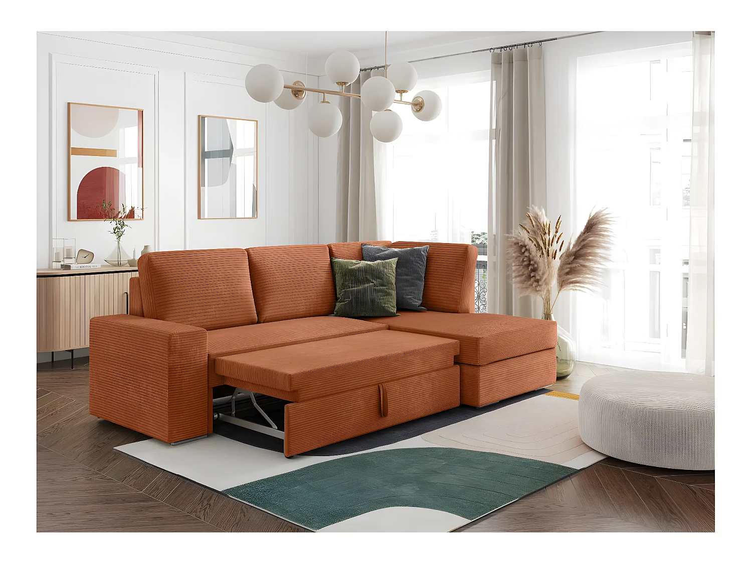 Canapé d'angle droit 3 places convertible Aden avec coffre en velours côtelé - Terracotta - L246 x P174 x H96cm - Loungitude