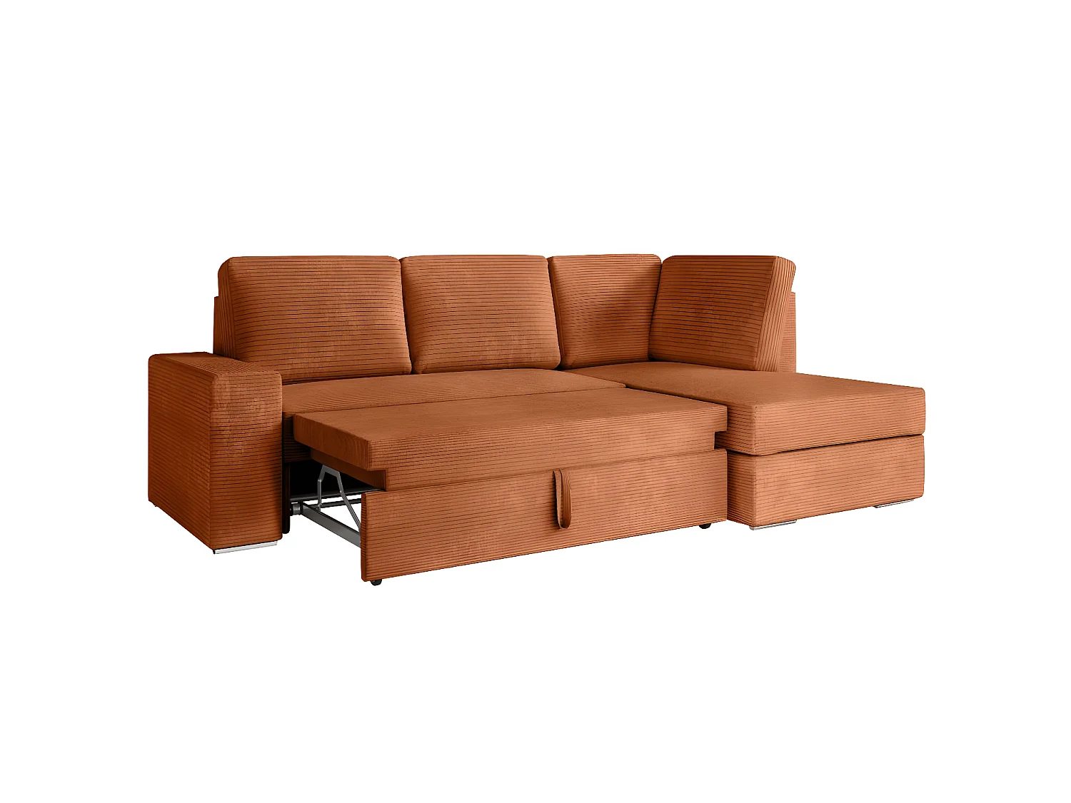 Canapé d'angle droit 3 places convertible Aden avec coffre en velours côtelé - Terracotta - L246 x P174 x H96cm - Loungitude