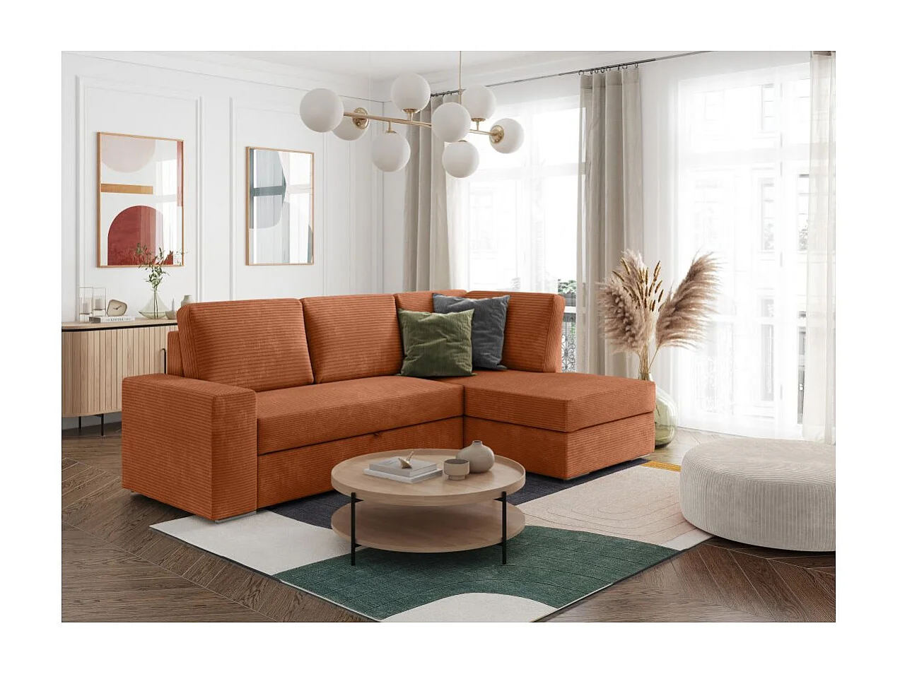 Canapé d'angle droit 3 places convertible Aden avec coffre en velours côtelé - Terracotta - L246 x P174 x H96cm - Loungitude