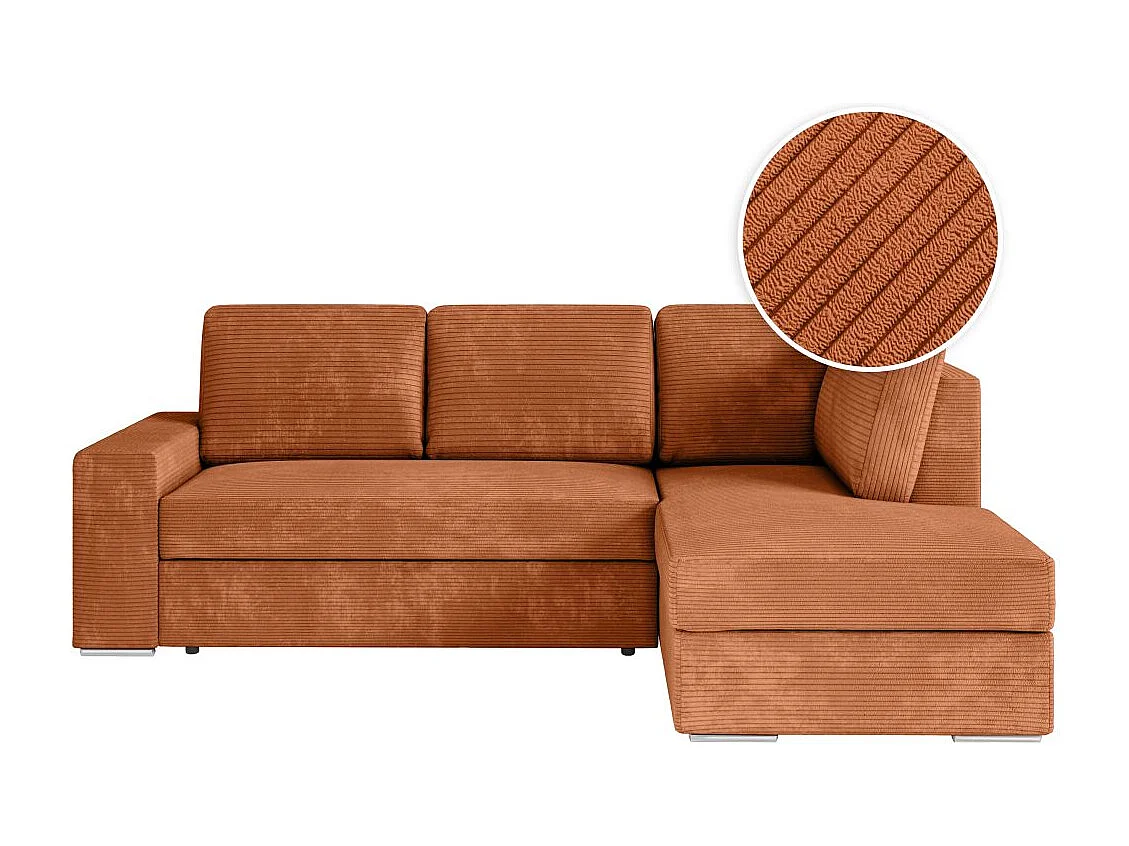 Canapé d'angle droit 3 places convertible Aden avec coffre en velours côtelé - Terracotta - L246 x P174 x H96cm - Loungitude