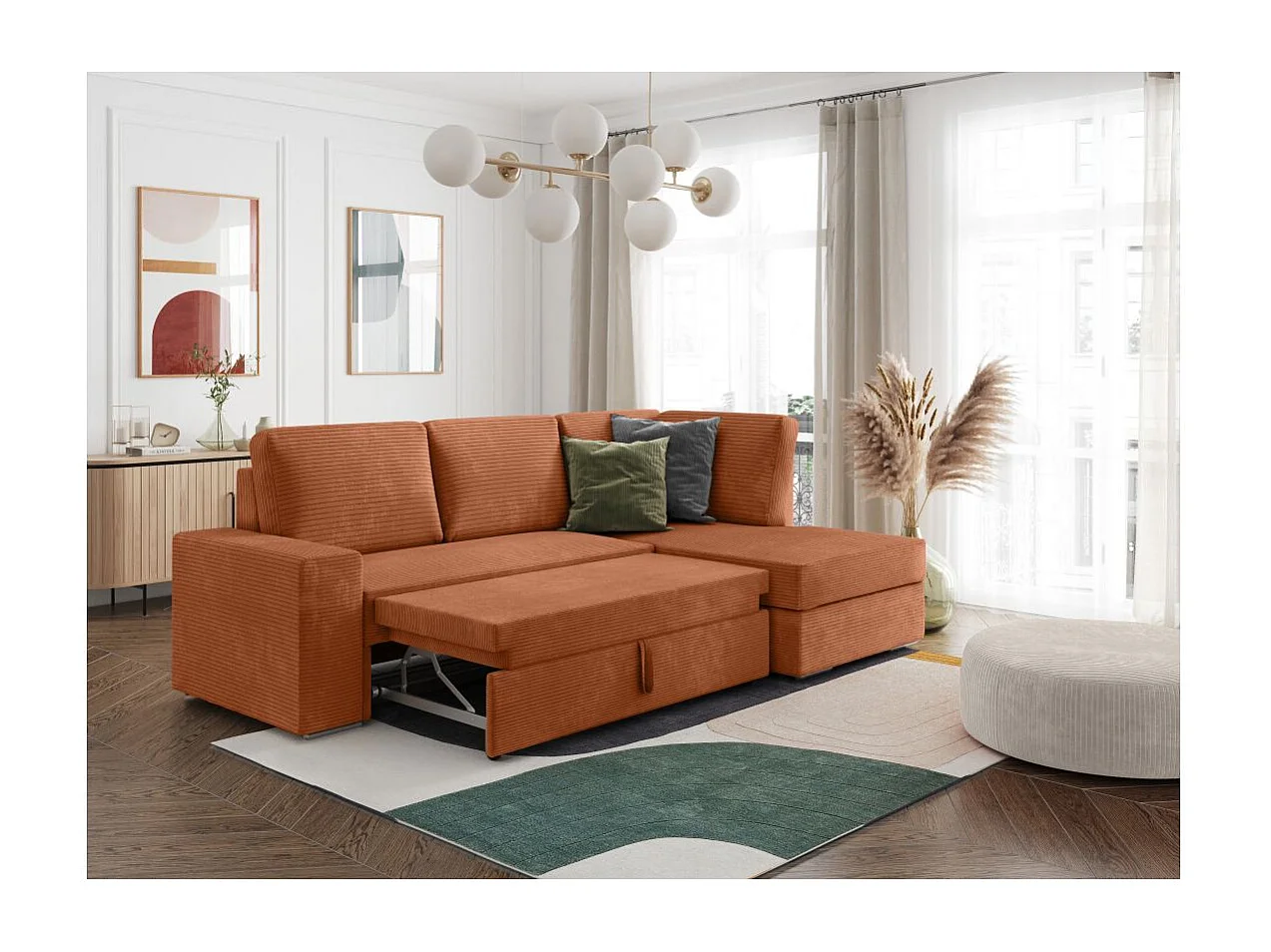 Canapé d'angle droit 3 places convertible Aden avec coffre en velours côtelé - Terracotta - L246 x P174 x H96cm - Loungitude