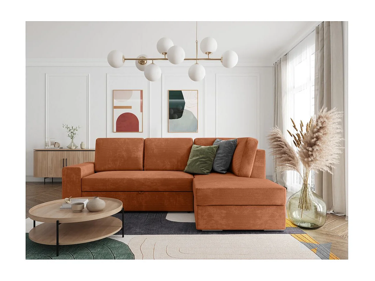 Canapé d'angle droit 3 places convertible Aden avec coffre en velours côtelé - Terracotta - L246 x P174 x H96cm - Loungitude