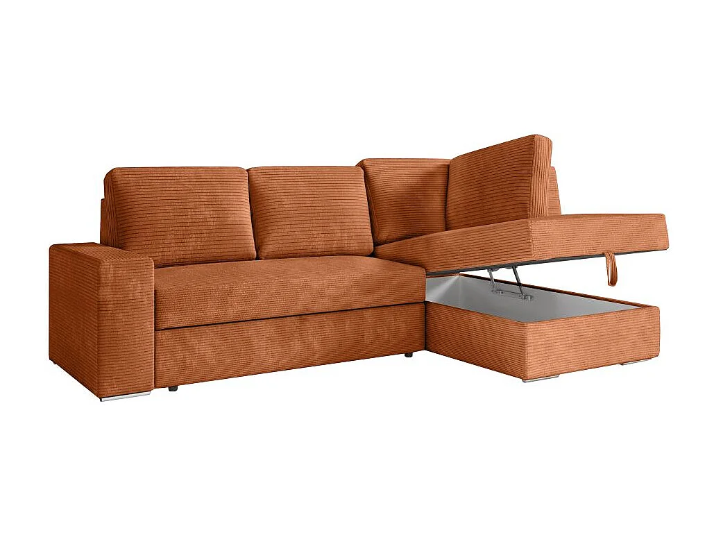 Canapé d'angle droit 3 places convertible Aden avec coffre en velours côtelé - Terracotta - L246 x P174 x H96cm - Loungitude