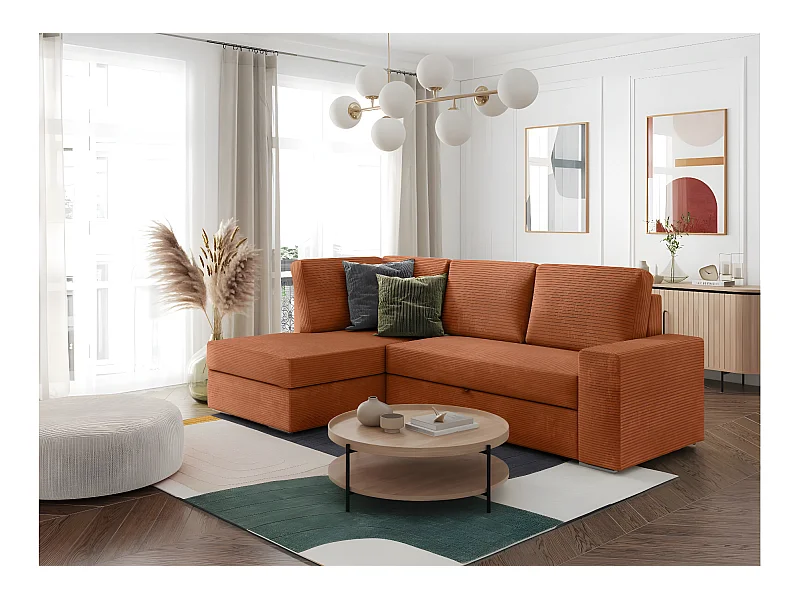 Canapé d'angle gauche 3 places convertible Aden avec coffre en velours côtelé - Terracotta - L246 x P174 x H96cm - Loungitude