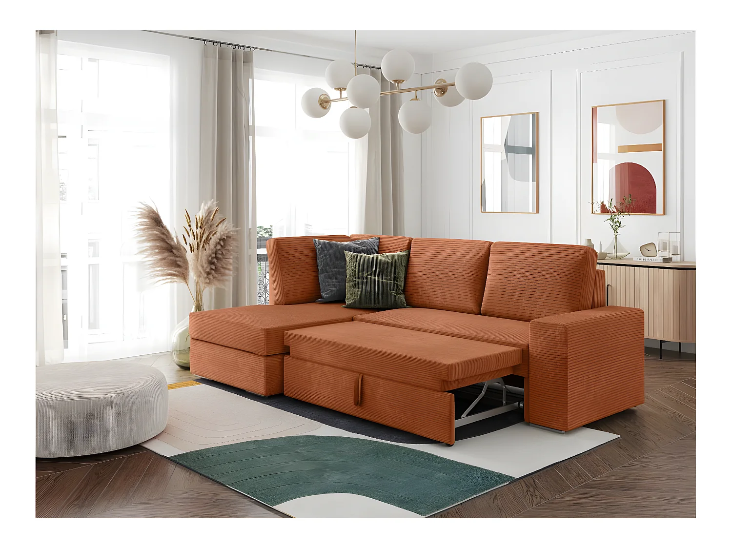 Canapé d'angle gauche 3 places convertible Aden avec coffre en velours côtelé - Terracotta - L246 x P174 x H96cm - Loungitude